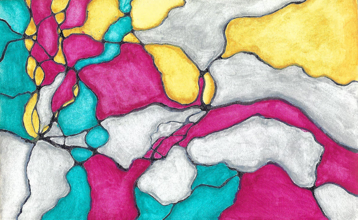 Completed Full Spectrum Neural Map™ commission by Dawn Roeske showing layered color work in pink, yellow, and teal -- example of full-density Neural Mapping™ for emotional clarity