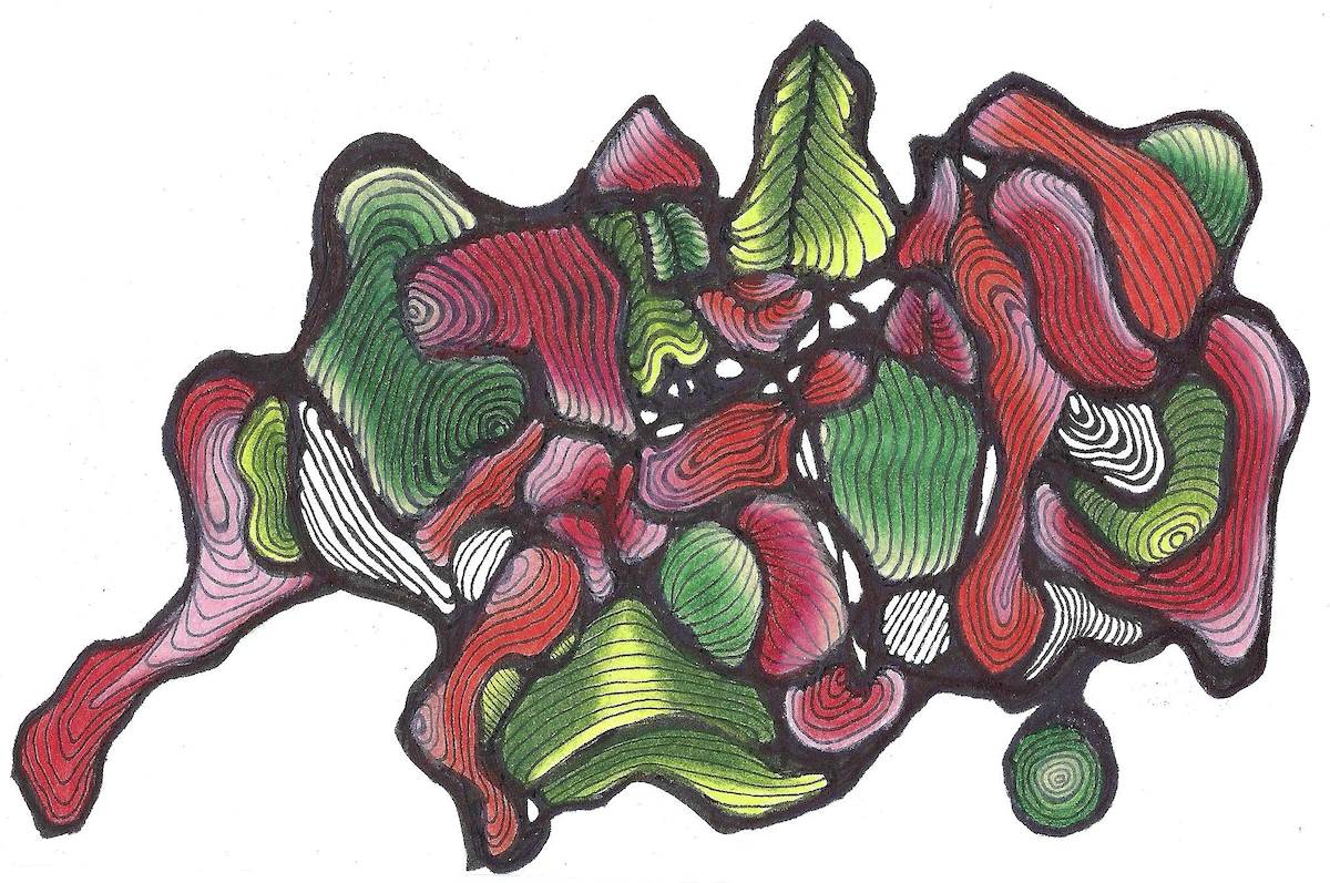 Hand-inked Full Spectrum Neural Map™ by Dawn Roeske featuring dense flowing lines and a full color palette of deep reds, greens, and whites on white -- a fully rendered somatic illustration commission