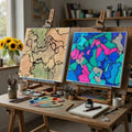 Two of The Shift NeuroMaps™ by Dawn Roeske displayed on wooden easels in an art studio -- left shows a hand-inked somatic illustration with a soft muted watercolor wash, right shows a bold vibrant hand-colored 4-color palette in blues, teals, pinks, and greens -- both examples of Neural Mapping™ color options