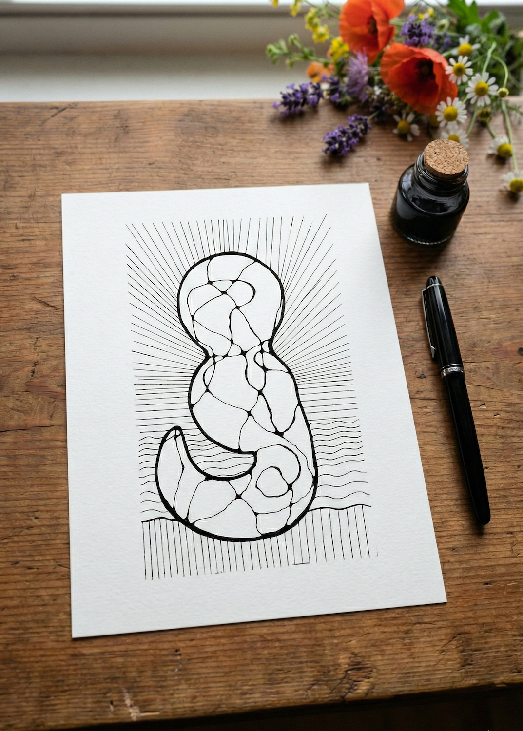 Original hand-inked NeuroMap™ by Dawn Roeske on archival white paper, laid flat on a rustic wood surface with a black ink pen, glass ink bottle, and fresh wildflowers -- the Physical Relic add-on for custom Neural Mapping™ commissions