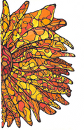 Hand-inked Neural Mapping™ by Dawn Roeske in the shape of a sunflower, with flowing black ink lines and cells filled in warm reds, oranges, and yellows -- somatic illustration for emotional regulation.