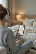 Somatic Audio Meditation add-on for a custom NeuroMap commission. A person uses headphones and a mobile device to listen to a guided somatic walkthrough in a cozy, grounded bedroom setting.