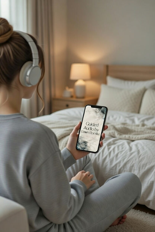 Somatic Audio Meditation add-on for a custom NeuroMap commission. A person uses headphones and a mobile device to listen to a guided somatic walkthrough in a cozy, grounded bedroom setting.